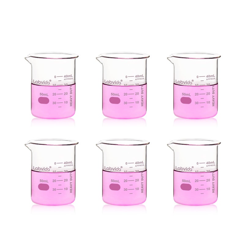 Labvida 6pcs 50ml Upgrated Thick Glass Beakers, Beaker Shot Glasses set, 3.3 Boro Griffin Low Form, Double Scale, LVA002 - Image 1